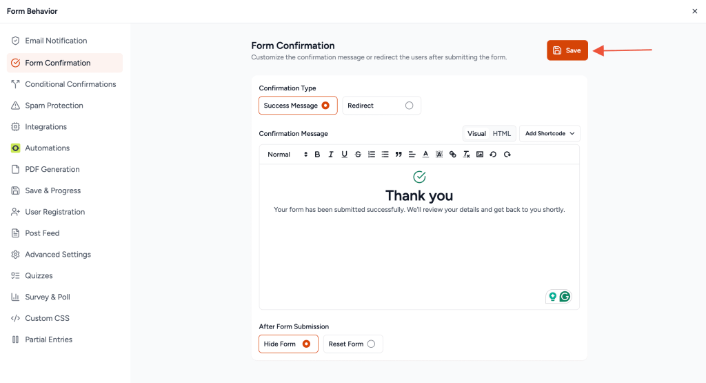 SureForms v2.9.0: Capture Partial Entries, Set Global Defaults, Answer Description for Quizzes & More. Save Button in Form Settings