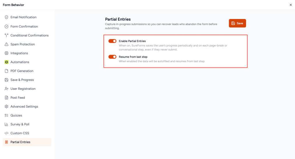 SureForms v2.9.0: Capture Partial Entries, Set Global Defaults, Answer Description for Quizzes & More. Partial Entries in SureForms