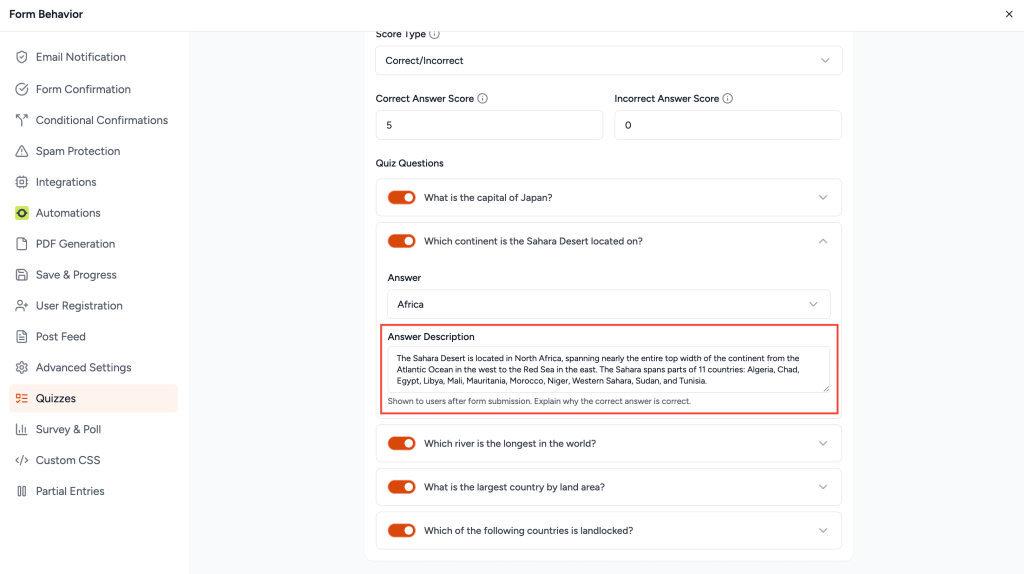 SureForms v2.9.0: Capture Partial Entries, Set Global Defaults, Answer Description for Quizzes & More. Answer Description for Quiz