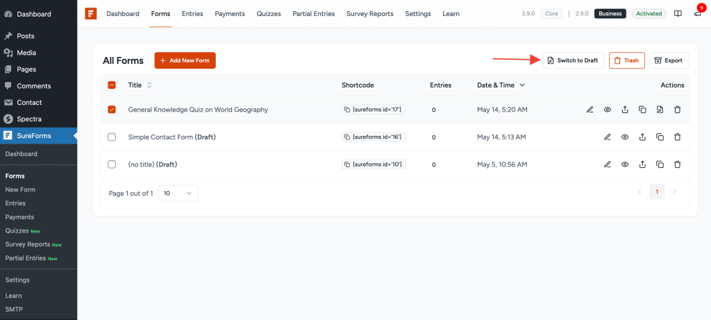 SureForms v2.9.0: Capture Partial Entries, Set Global Defaults, Answer Description for Quizzes & More. switch to draft