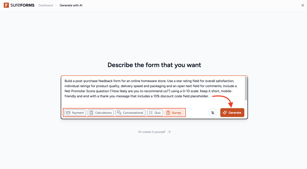 10 AI Prompt Examples To Create High-Converting Forms prompt examples: just descrive the form you want and click on generate
