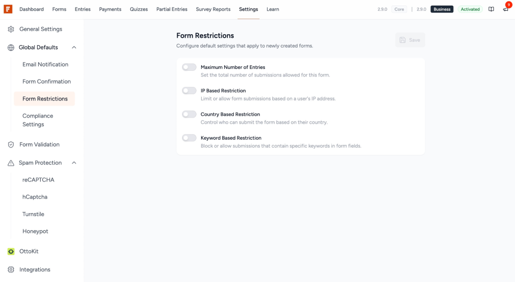 Global Defaults in SureForms Form Restrictions