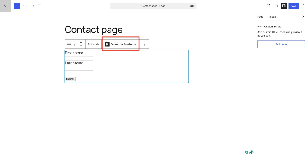 HTML form detected with Convert to Form option