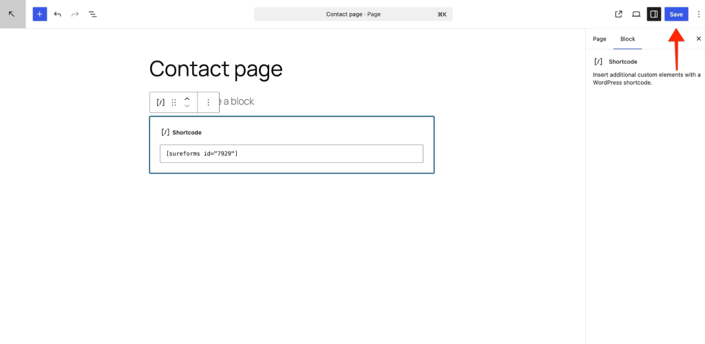 Form shortcode added to page editor