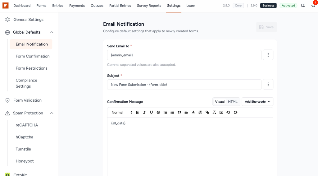 Global Defaults in SureForms Email Notification