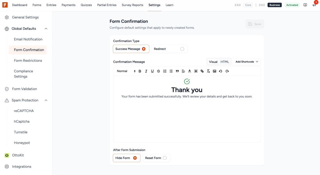 Global Defaults in SureForms Form Confirmation