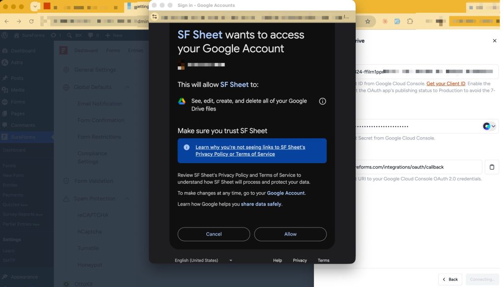 Upload Form Files and Signatures to Google Drive with SureForms sign in google accounts