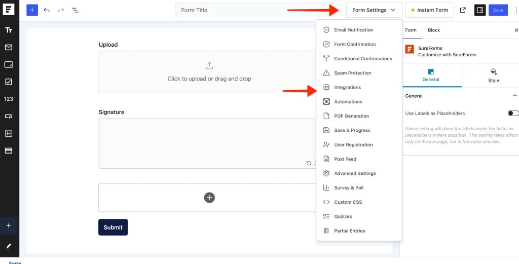 Upload Form Files and Signatures to Google Drive with SureForms form settings