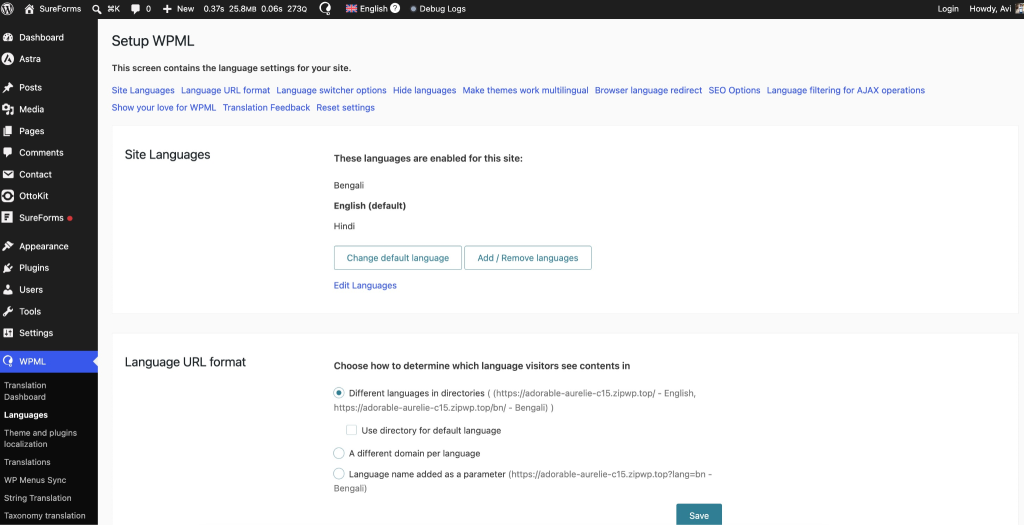 WPML language settings