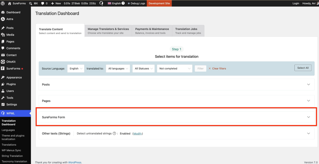 WPML Translation Dashboard.