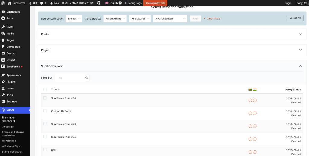 SureForms forms listed in the Translation Dashboard.