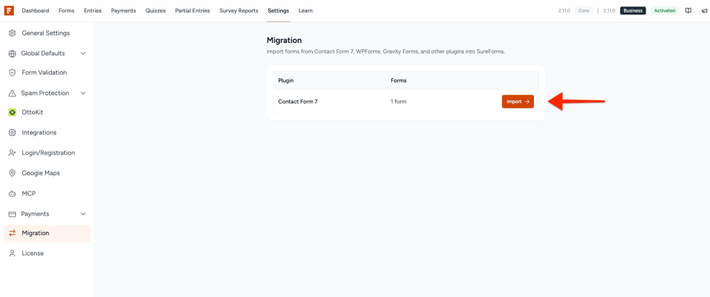 Contact Form 7 in the Migration screen