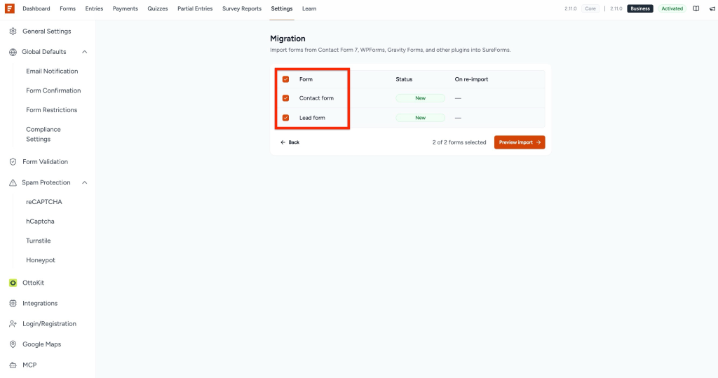 Preview Import option]