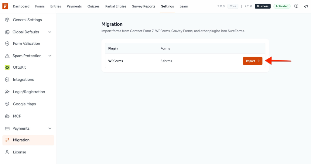 WPForms in migration list