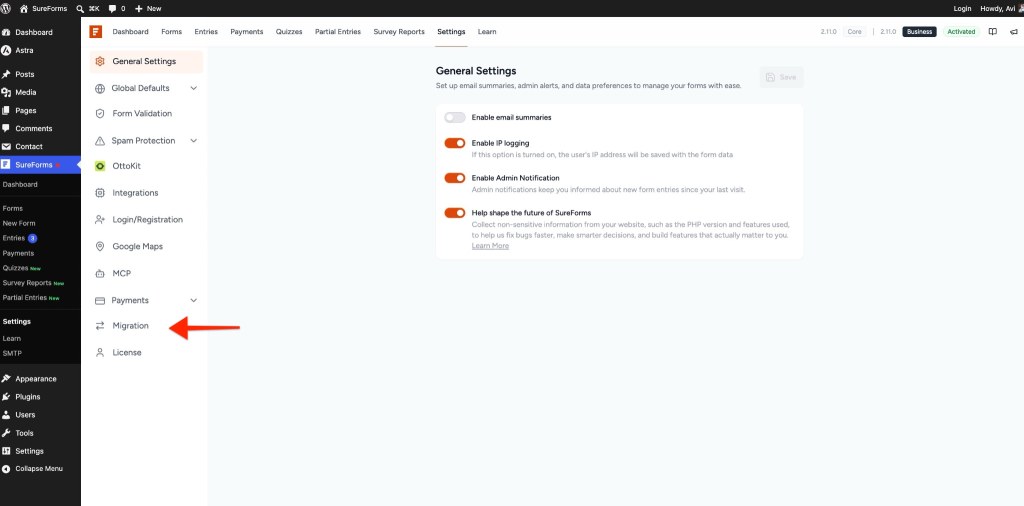Migration tab