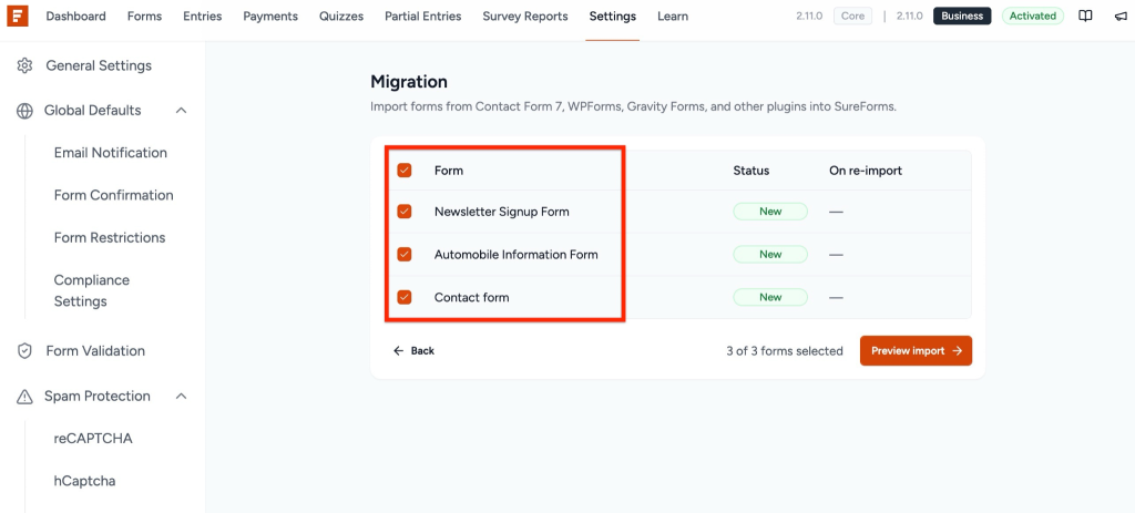 showing form selection