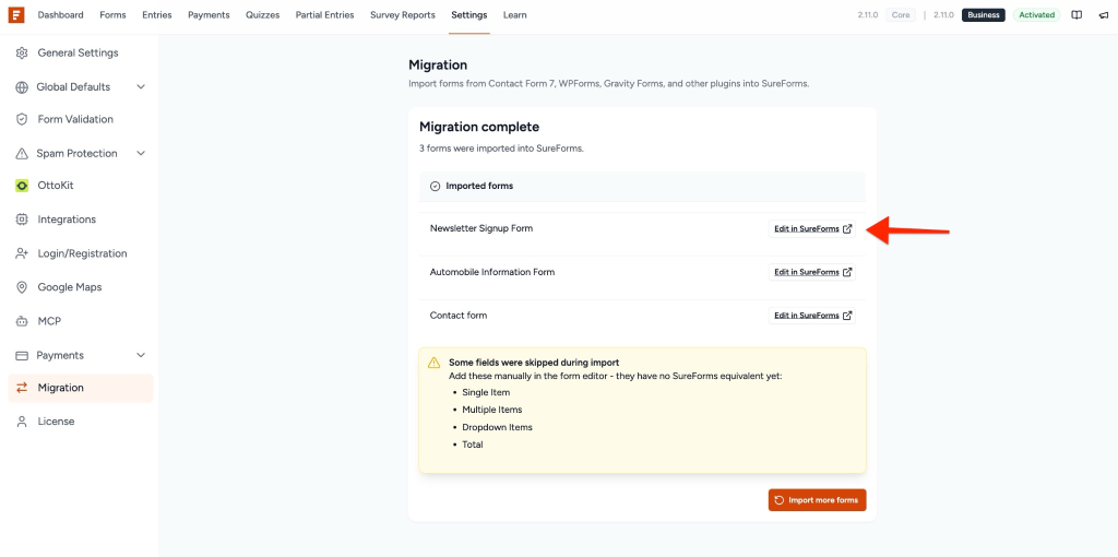 showing imported form