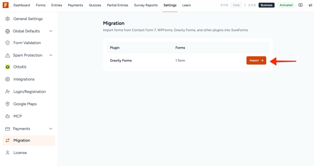 Migrate Gravity Forms to SureForms Gravity Forms in the migration list