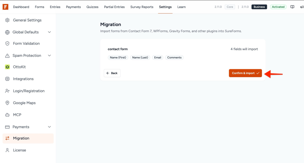 Migrate Gravity Forms to SureForms Confirm & Import.