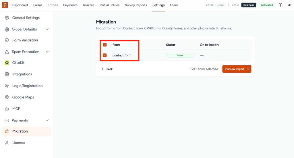 Migrate Gravity Forms to SureForms showing form selection