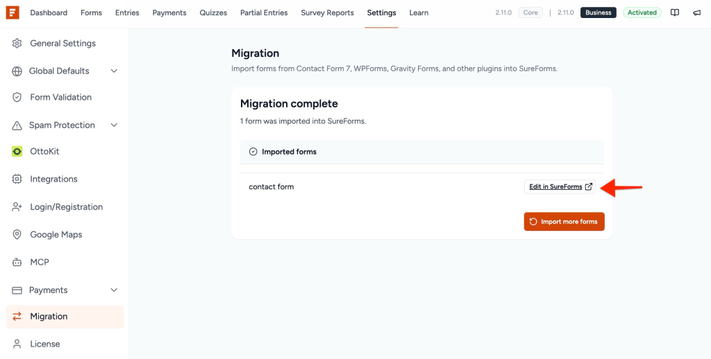 Migrate Gravity Forms to SureForms showing imported form in SureForms