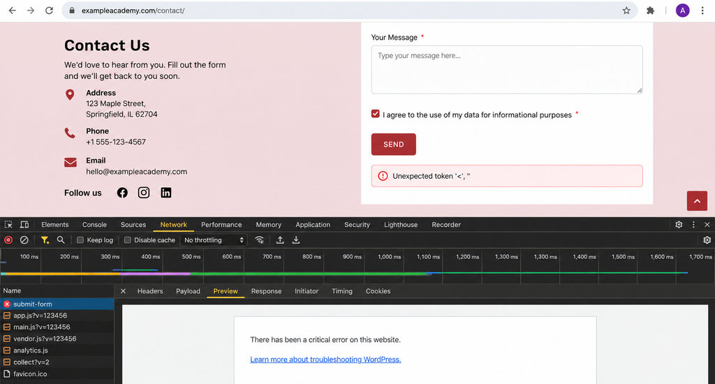 How to Fix "Unexpected Token" Errors in SureForms The submit-form request returns a WordPress critical error page instead of a valid JSON response.