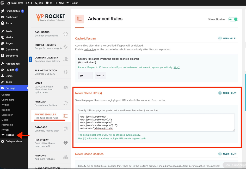 How to Set Up SureForms with WP Rocket WP Rocket → Advanced Rules → Never Cache URL