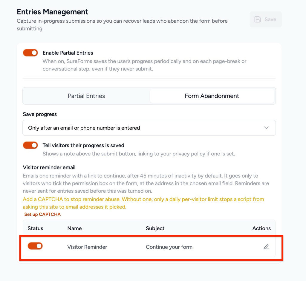 How to Enable and Manage Form Abandonment in SureForms Visitor Reminder enabled with Save button