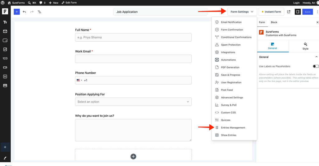 How to Enable and Manage Form Abandonment in SureForms Form editor showing Form Settings → Entries Management
