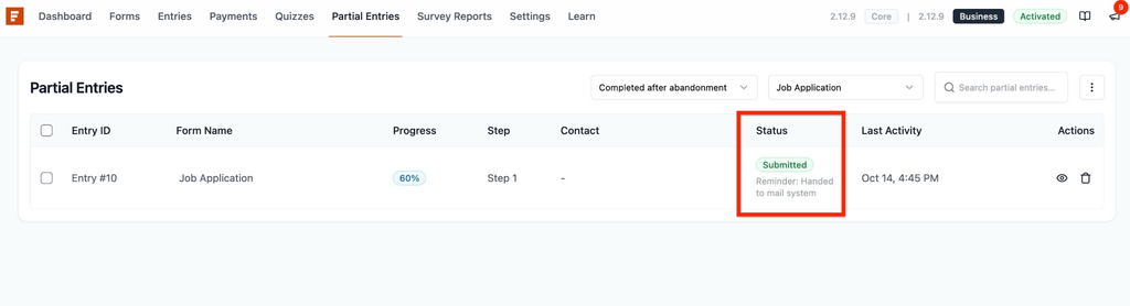 How to Enable and Manage Form Abandonment in SureForms i Form entry showing Completed After Abandonment status