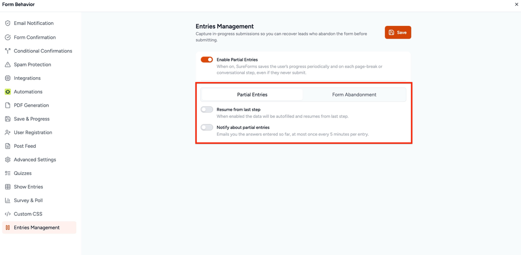 How to Enable and Manage Form Abandonment in SureForms Enable Partial Entries toggle and the two available tabs
