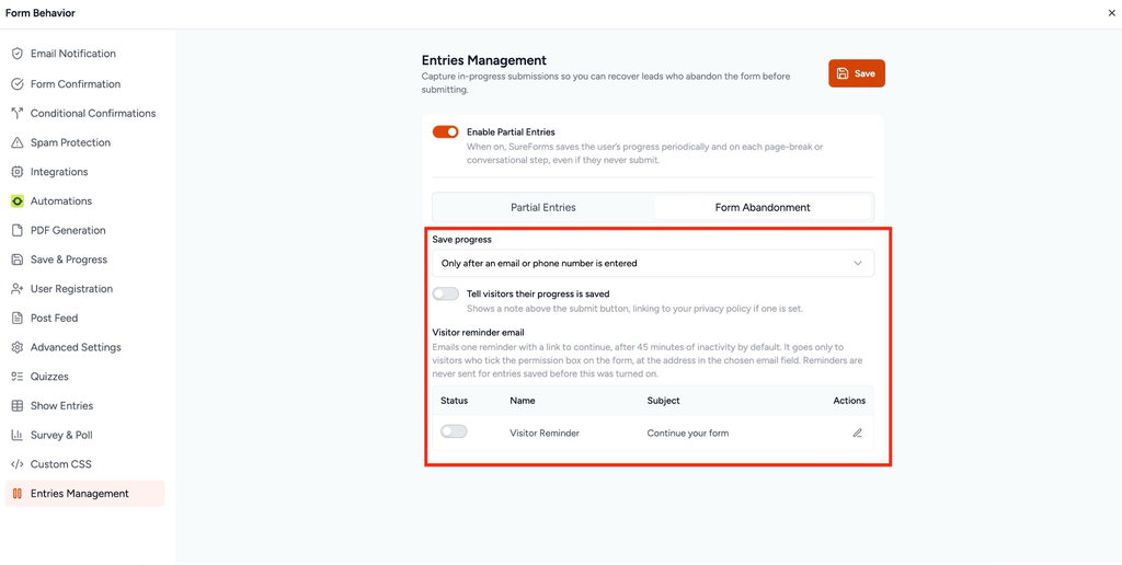 How to Enable and Manage Form Abandonment in SureForms Form Abandonment tab showing both Save progress options