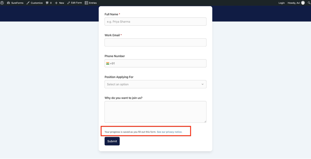Frontend form displaying the progress saved message]