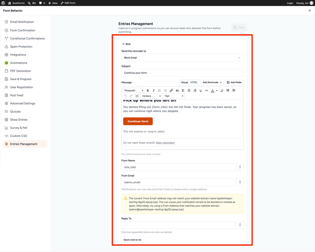 How to Enable and Manage Form Abandonment in SureForms Visitor Reminder email configuration panel